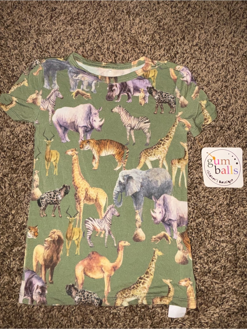 Posh Peanut Green Safari Animal Tee with Multicolor Illustrations